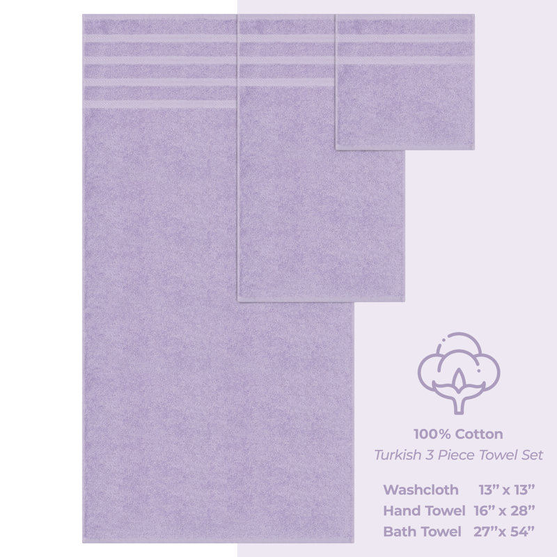 100% Cotton 3 Piece Turkish Bath Towel Set,  Super Soft and Absorbent Darcelle Collection, Lilac