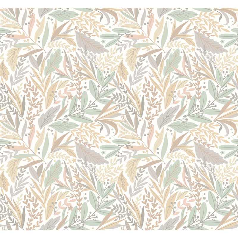 Patterned Leaves Linen & Sage - 3 Drop Repeatable Wall Mural, Linen