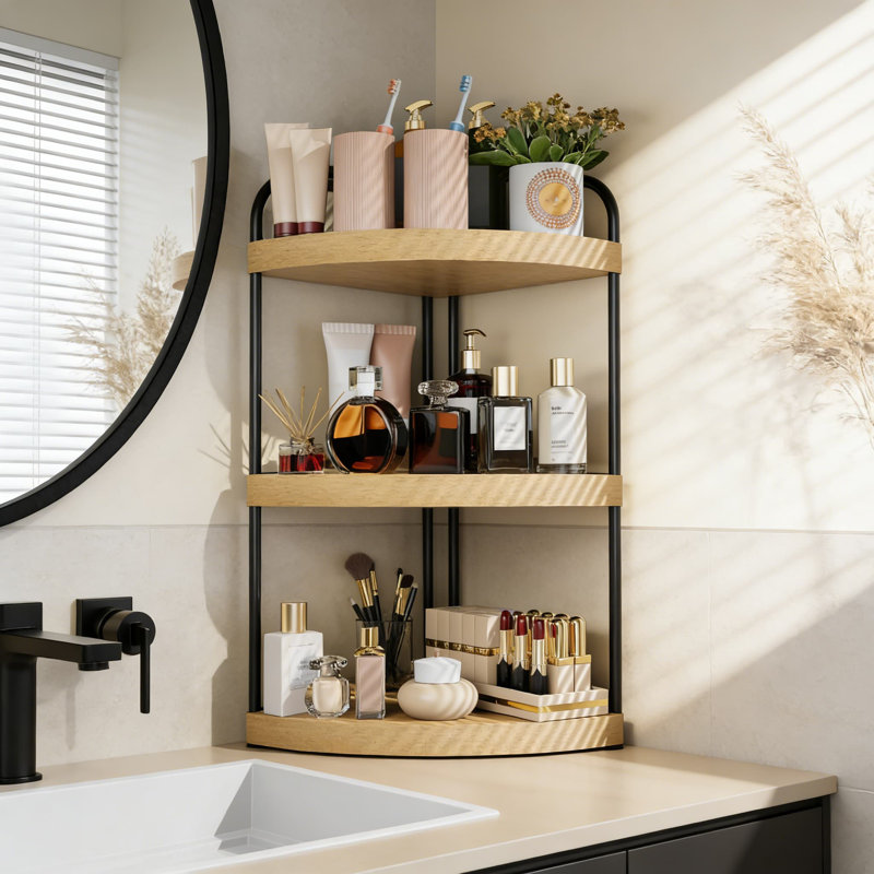 Organisateur de comptoir de salle de bain d'angle à 3 niveaux, tablette peu encombrante pour meuble-lavabo, organisateur de comptoir robuste et imperméable avec finition grain de bois