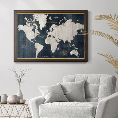 Push Pin Travel Map - Navy World Map Framed Canvas Wall Art Print