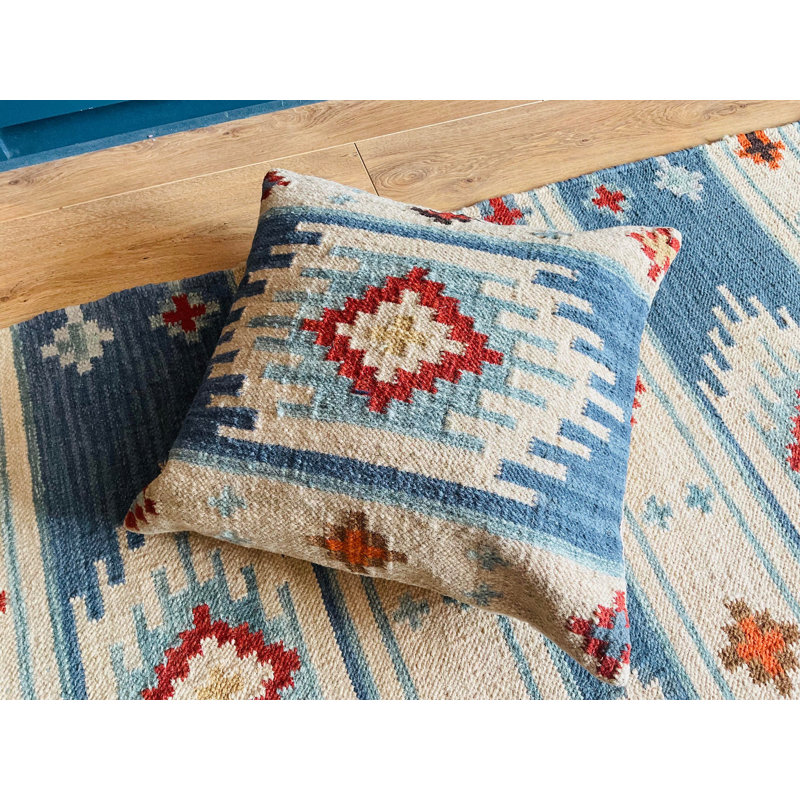 Bimala Kilim Large 50 cm x 50 cm Cushion Cover in Rich Blue Multi Colour Geometric Pattern