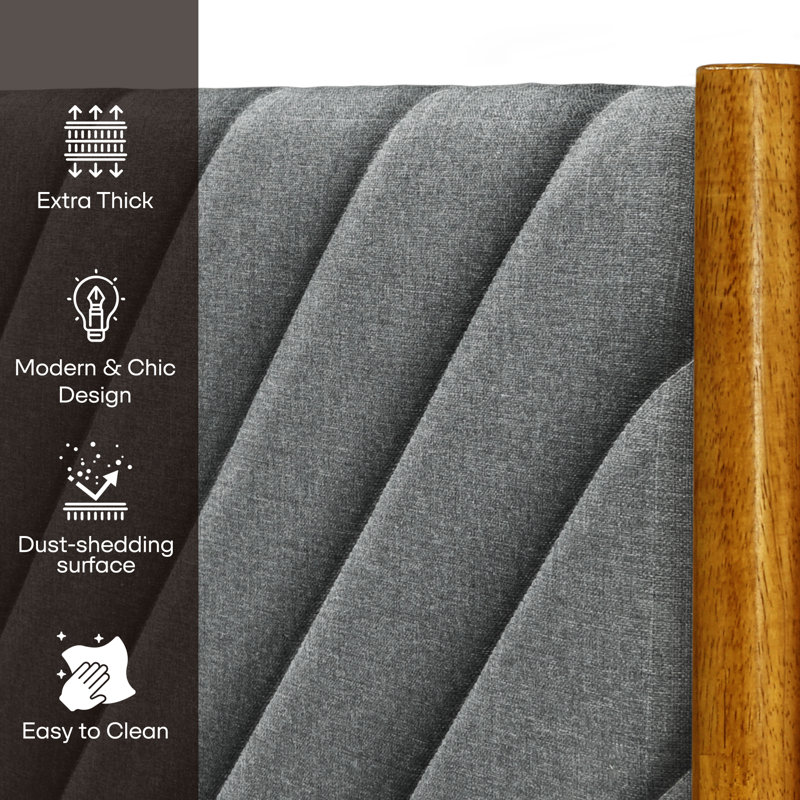 Felisha Solid Wood Queen Size Bed Frame with Fabric Headboard, Contemporary Modern Upholstered Platform Bed, CaramelFinish