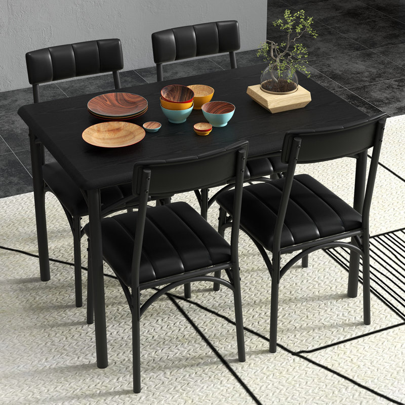 Black Dining Table Set for 4 Rectangular Kitchen Table with 4 Upholstered Chairs 5 Piece Dining Room Table Set for Apartment, Studio, Small Space, Sturdy & Space-Saving