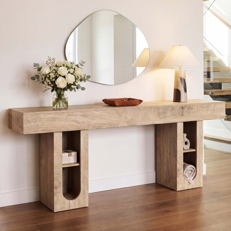 Longue console avec prise de courant intégrée et rangement réglable, Natural