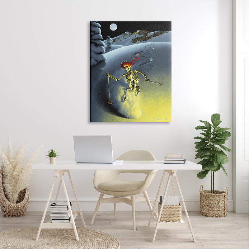 Nuit sur la lune, ski, squelette, neige en hiver, par Chris Miles, L 13 po x H 19 po, Toile tendue