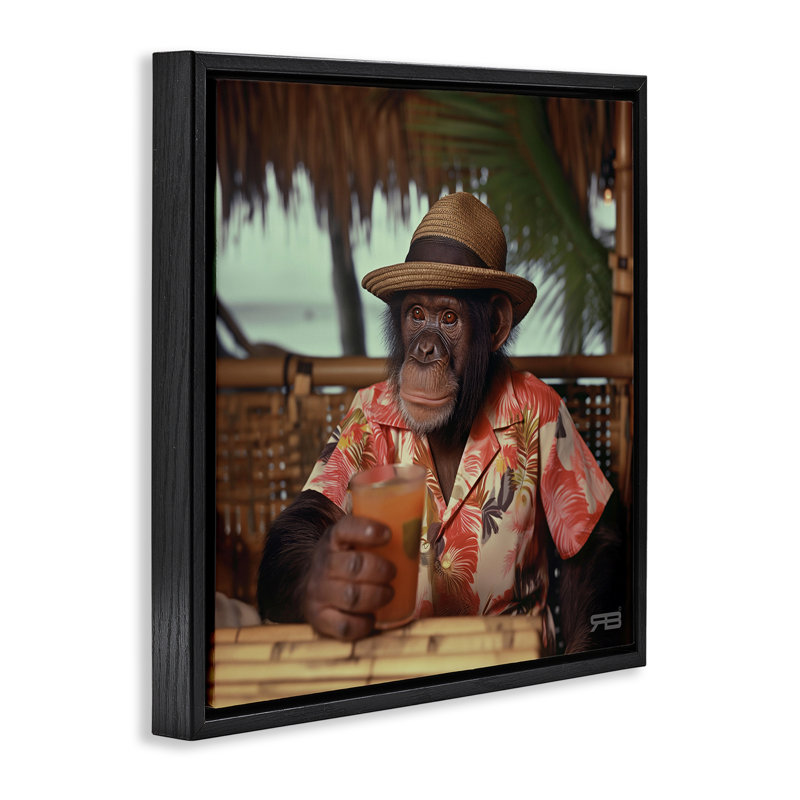 "Tropical Holiday Monkey", art mural encadré par Roozbeh Bahramali, Cadre flottant noir de jais, H 18 po x l 18 po