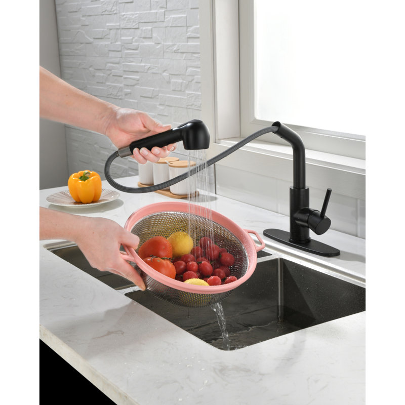 Tapis avec lavabo rétractable, robinet d'évier de cuisine à poignée simple avec douchette extractible, Noir mat