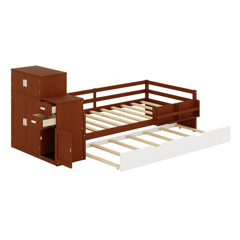 Lit plateforme compact en bois avec bibliothèque pour échantillons intégrée et garde-robe flexible, plus un design multifonctionnel avec un lit gigogne escamotable dissimulé