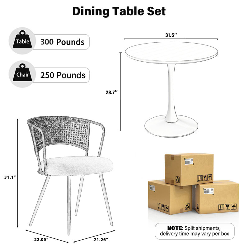 Ensemble de tables rondes en tulipe de 31,5 po en MDF avec dossier en rotin et chaises rembourrées en tissu, ensemble de table de cuisine de luxe rustique pour petits espaces
