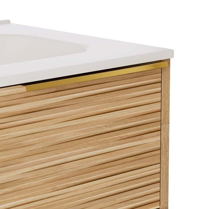 Kora 40" Bamboo Faux Finish Wall-Mounted Single Bathroom Vanity with Integrated Ceramic Top & Handles, Gold