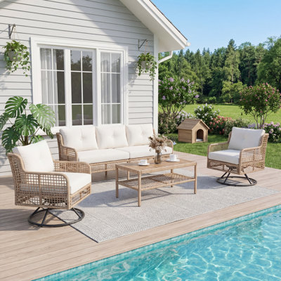 4-Piece 5-Seat Patio Conversation Furniture Set, Outdoor Patio Sofa with 360° Swivel Rocking Chairs, PE Rattan Sectional & Solid Wood Tabletop Coffee Table