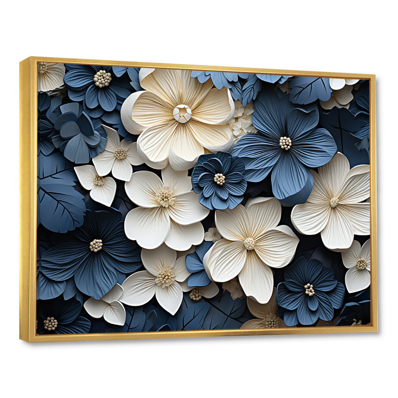 «Blue and White Adorned Violets - Violets», art mural encadré, H 16 po x l 32 po, Reproduction avec cadre flottant, Doré