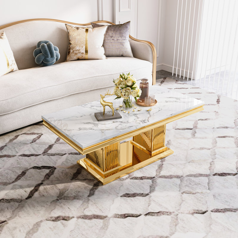 Table basse rectangulaire en acier inoxydable, Blanc, Doré