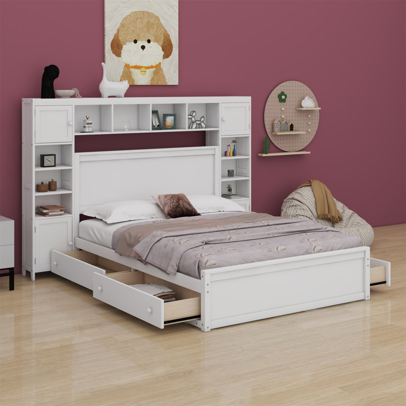 Lit en bois avec armoire, tablette et prises tout-en-un, Blanc