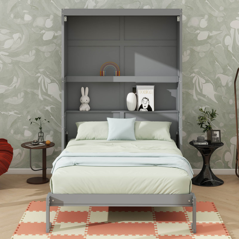 Practical Murphy Bed With Built-In Shelving Units, Gray
