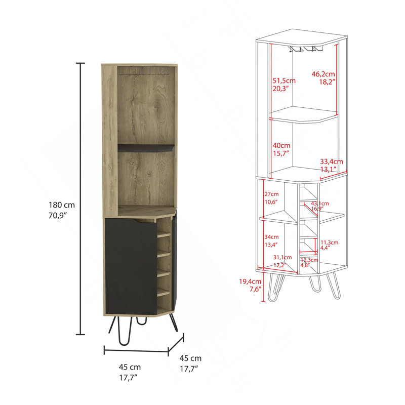Armoire de bar Audra, six tablettes, quatre tablettes avec porte