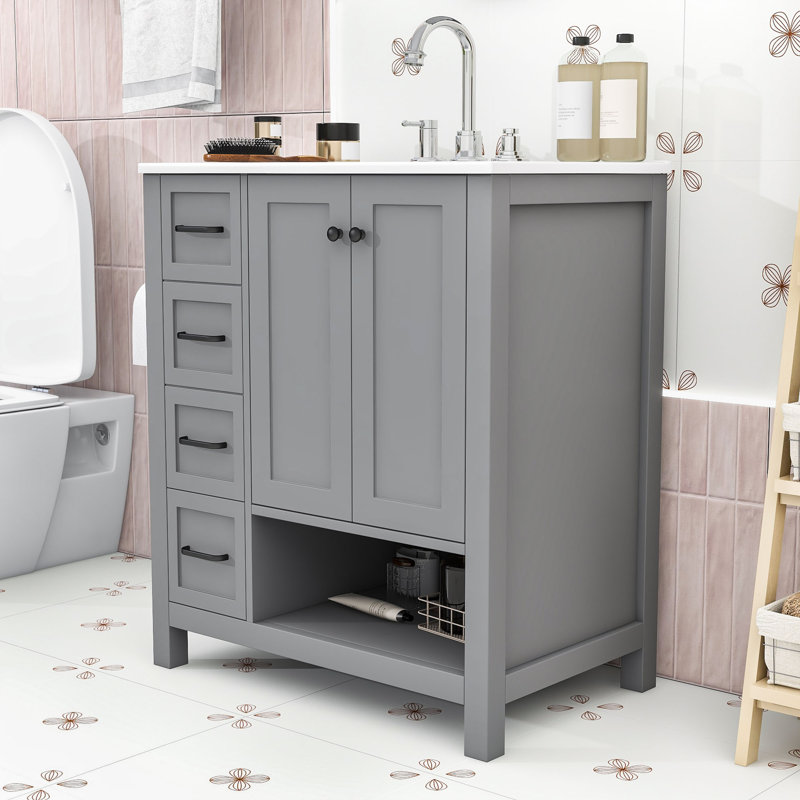 Meuble-lavabo autoportant élégant avec lavabo en céramique et beaucoup de rangement, Gray