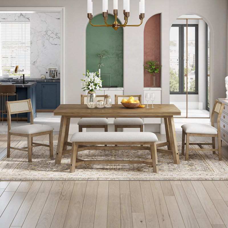 Ensemble de salle à manger 6 pièces de style maison de campagne rétro, table rectangulaire et 4 chaises rembourrées avec rotin et banc pour la salle à manger et la cuisine
