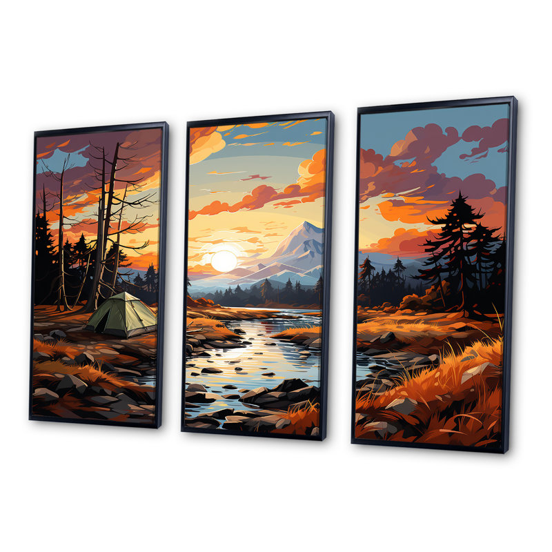 «Camping by the River», ensemble d'art mural sur toile, Cadre flottant noir, H 32 po x l 48 po