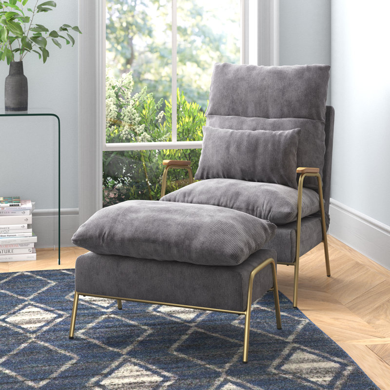 Modern Accent Recliner with Ottoman, Linen Fabric Armchair with Adjustable Backrest and Pillow, Gray