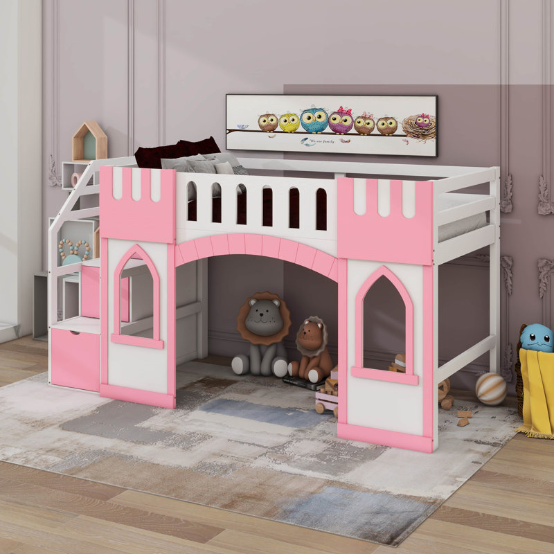 Twin Size Loft Bed With Storage Staircase And Window, Pink