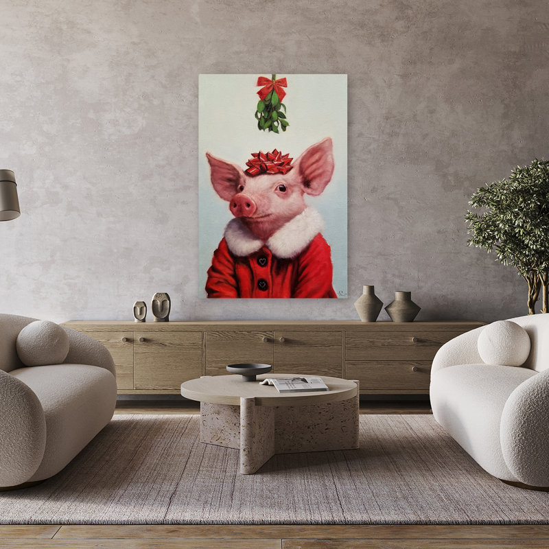 Anticipation - enfants, animaux, urbain, pop, surréalisme, humour, cochons, fêtes, art de Noël, H 48 po x l 32 po