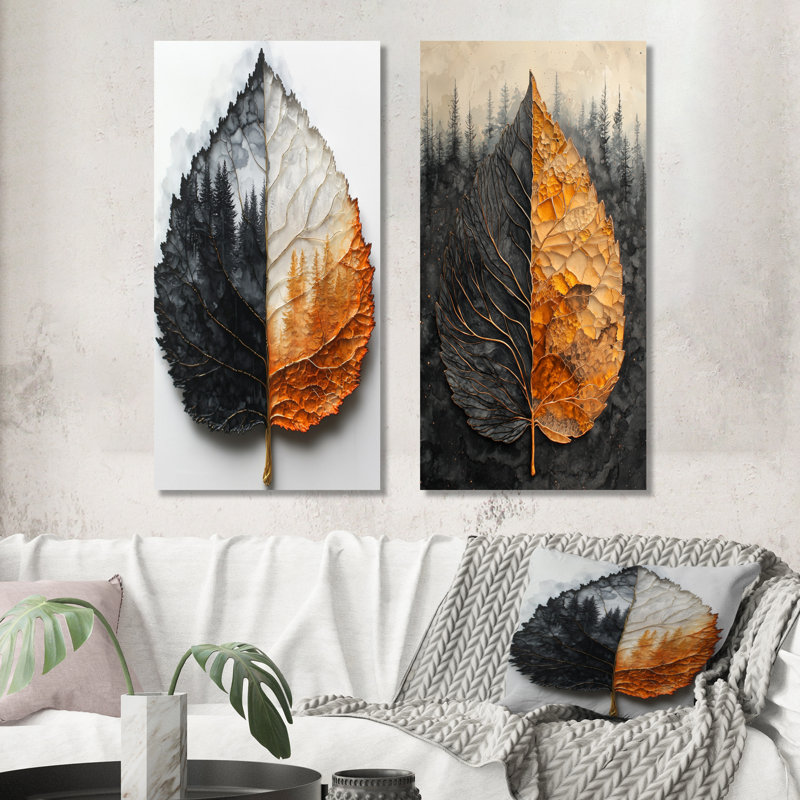 «Modern Modern Leaves Dark Symetry Of Autumn I», collection d'art mural floral à 2 panneaux, H 40 po x l 41 po, Toile tendue