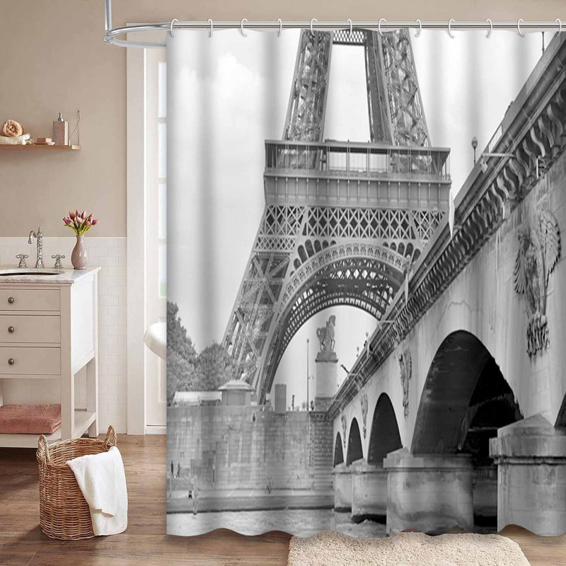 Rideau de douche gris avec 12 crochets Tour Eiffel Paris, 72" L x 84" W