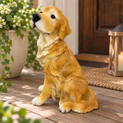 Golden Retriever Garden Statue, 14.3 Inch Hand-Painted Brown Resin Dog Sculpture for Yard, Lawn and Porch