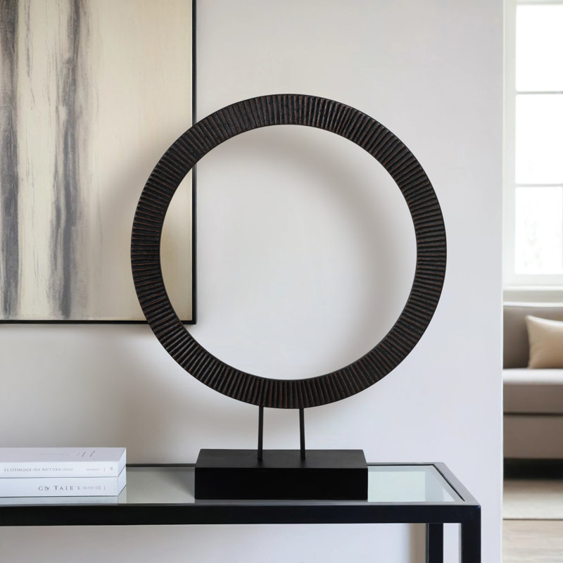 Modern Mango Wood and Iron Ring Sculpture on Rectangular Base Decorative Accent with Grooved Texture for Contemporary Display in Casual or Minimalist Settings, Sleek Freestanding Art Object