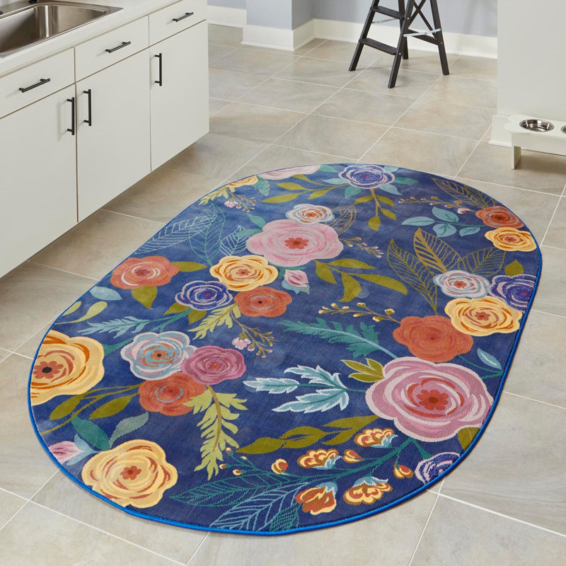 Clydie Floral Navy/Red Area Rug, Oval 6'1" x 9'