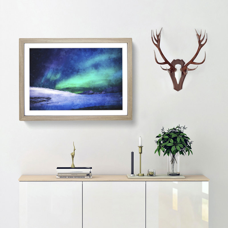 Aurora Borealis In Iceland - Single Picture Frame Painting on MDF, Oak, 24cm H x 33cm W x 2cm D