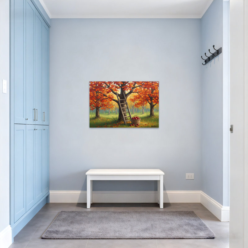 «Landscape & Nature Autumn Tree Ladder Apples Basket», peinture de paysage, H 12 po x l 18 po