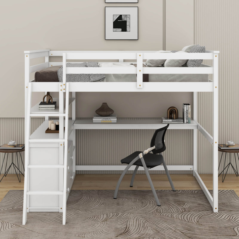 Lit mezzanine double avec bureau et tablettes, Blanc