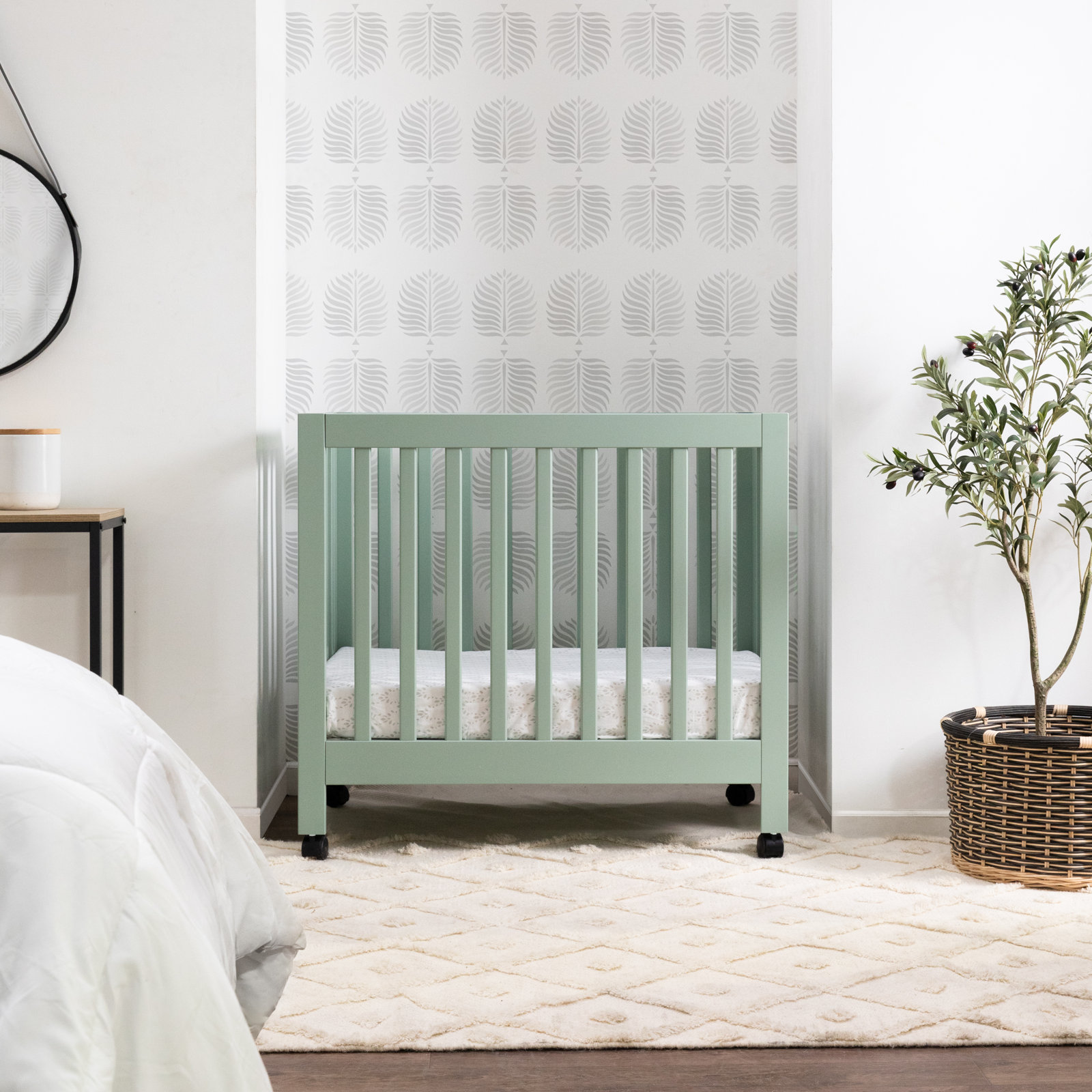 Origami Pine Foldable Portable Crib, Light Sage