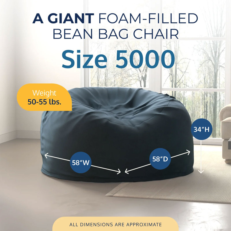 Bean Bag Chair, Oversized Indoor Comfy Lounger, Suede, 34" H x 58" W x 58" D, Cloud Suede