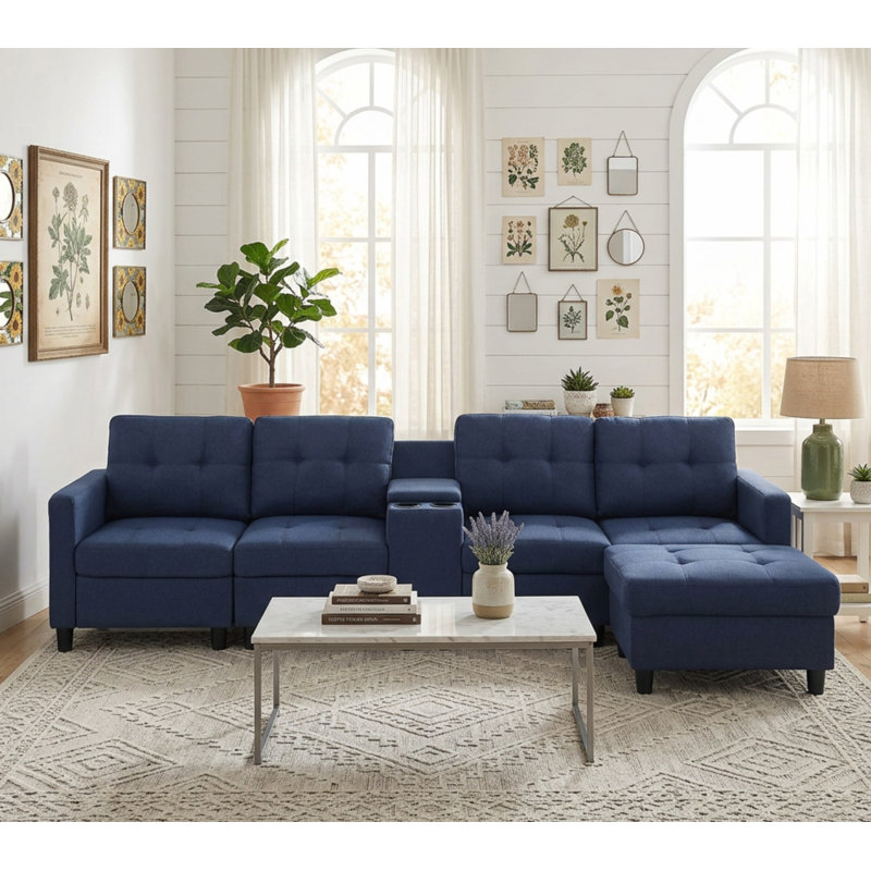 Canapé modulaire avec ports USB et porte-gobelets Kentrell, Mélange de polyester bleu