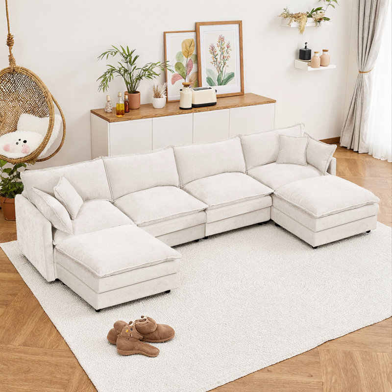 Modular U-Shaped Sectional Sofa 130.7" Chenille 4-Seater with Ottoman, Beige, Beige