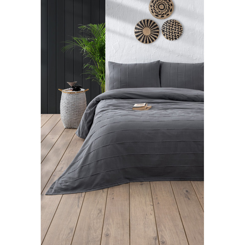 100% Cotton Double Pique Set, Anthracite, 82.7 x 86.6 inches | Includes 2 Pillowcases (19.7 x 27.6 inches) | Machine Washable, Soft and Durable | Perfect for Elegant Bedroom Decor and Comfort