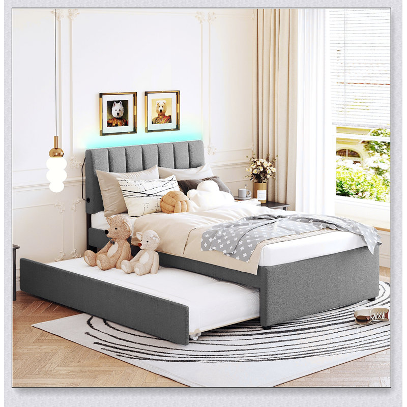 Teddy Fleece Twin Size Upholstered Platform Bed With Trundle,76"L x 41.3"W x 40.2"H, Gray