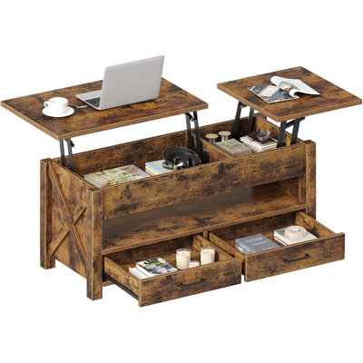 Seventable Coffee Table, 47.2" Lift Top Coffee Table With 2 Storage Drawers And Hidden Compartment, Farmhouse Center Table With Wooden Lift Tabletop, For Living Room,Rustic Brown