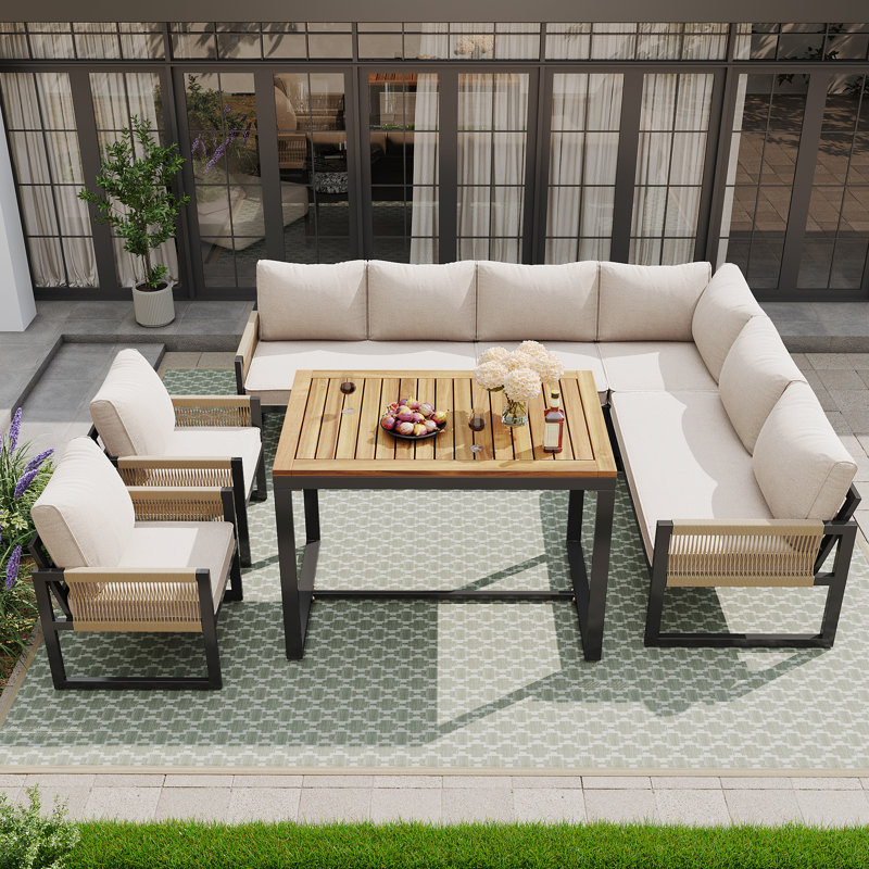 Modular Outdoor Garden Set - Waterproof Cd Polyester, Handwoven Rope, 8Cm Cushions, Corner Bench