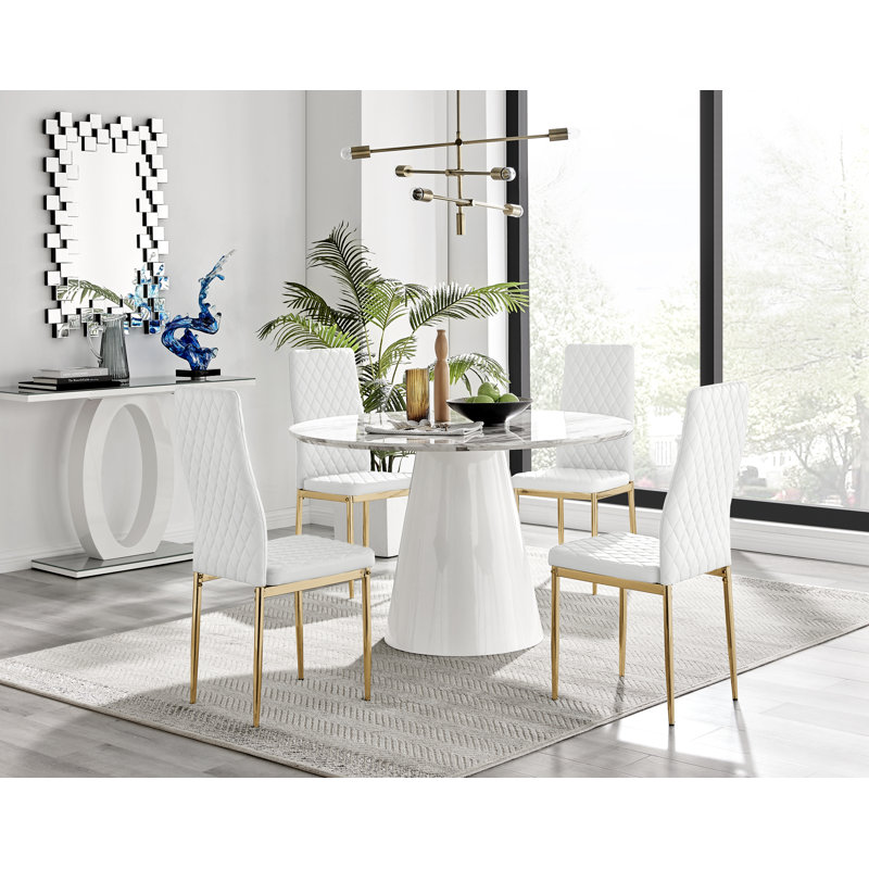 Edward Statement Pedestal Dining Table Set with 4 Luxury Faux Leather Upholstered Dining Chairs, White/Gold