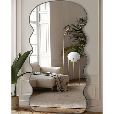 Miroir pleine grandeur, miroir de plancher ondulé de 76 po x 34 po autoportant, miroir complet sur pied avec support pour chambre à coucher, suspendu pour le vestiaire du salon, noir