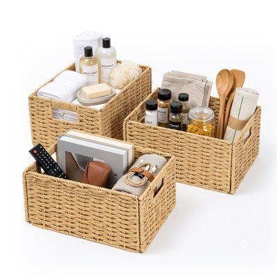 High Quality Natural Water Hyacinth Hand Woven Storage Baskets with Iron Wire Frame, 13"W x 9.1"D x 7.1"H 