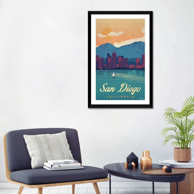 San Diego - impression d'art graphique, H 32 po x l 24 po x P 1 po, Papier encadré noir, Blanc