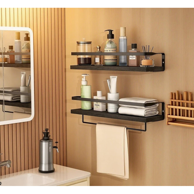 Floating Shelves With Towel Bar, Wall Mounted Bathroom Storage Shelves For Kitchen, Bedroom, With Metal Frame, Set Of 2