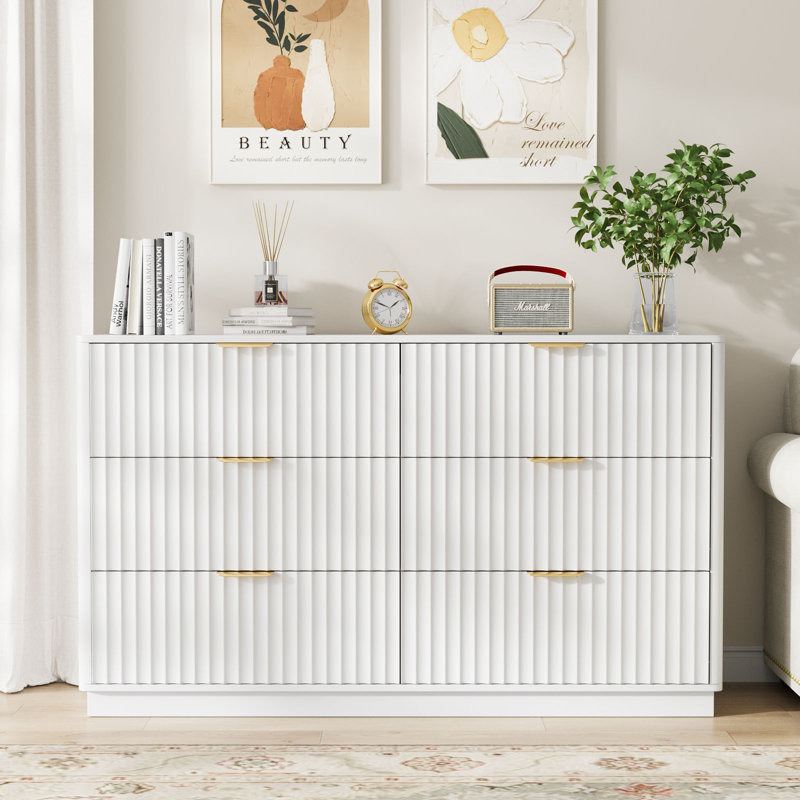 54'' W Fluted 6 - Drawer Dresser, Wooden Double Dresser Chest Of Drawers For Bedroom, White