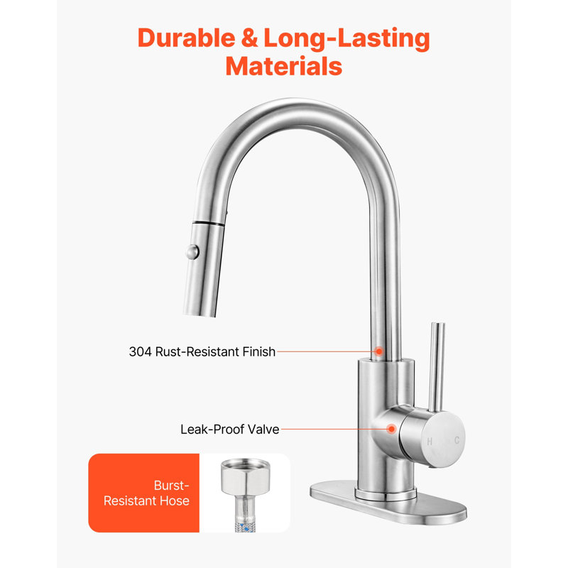 Single Handle Sink Faucet, Brushed Nickel Kitchen Faucet With Pull Down Sprayer, Suitable For Bathroom, RV, Bar Sink, Public Restroom, Stream And Spray Dual Water Flow Modes, Leak-Proof Valve