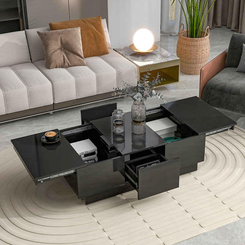 Table basse extensible rectangulaire en bois avec 2 grands compartiments de rangement cachés, Noir, noir, noir, noir